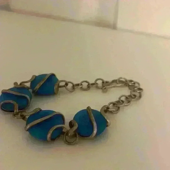 Sterling Silver Vintage 80s Italian Blue Glass Bracelet - Picture 4 of 15